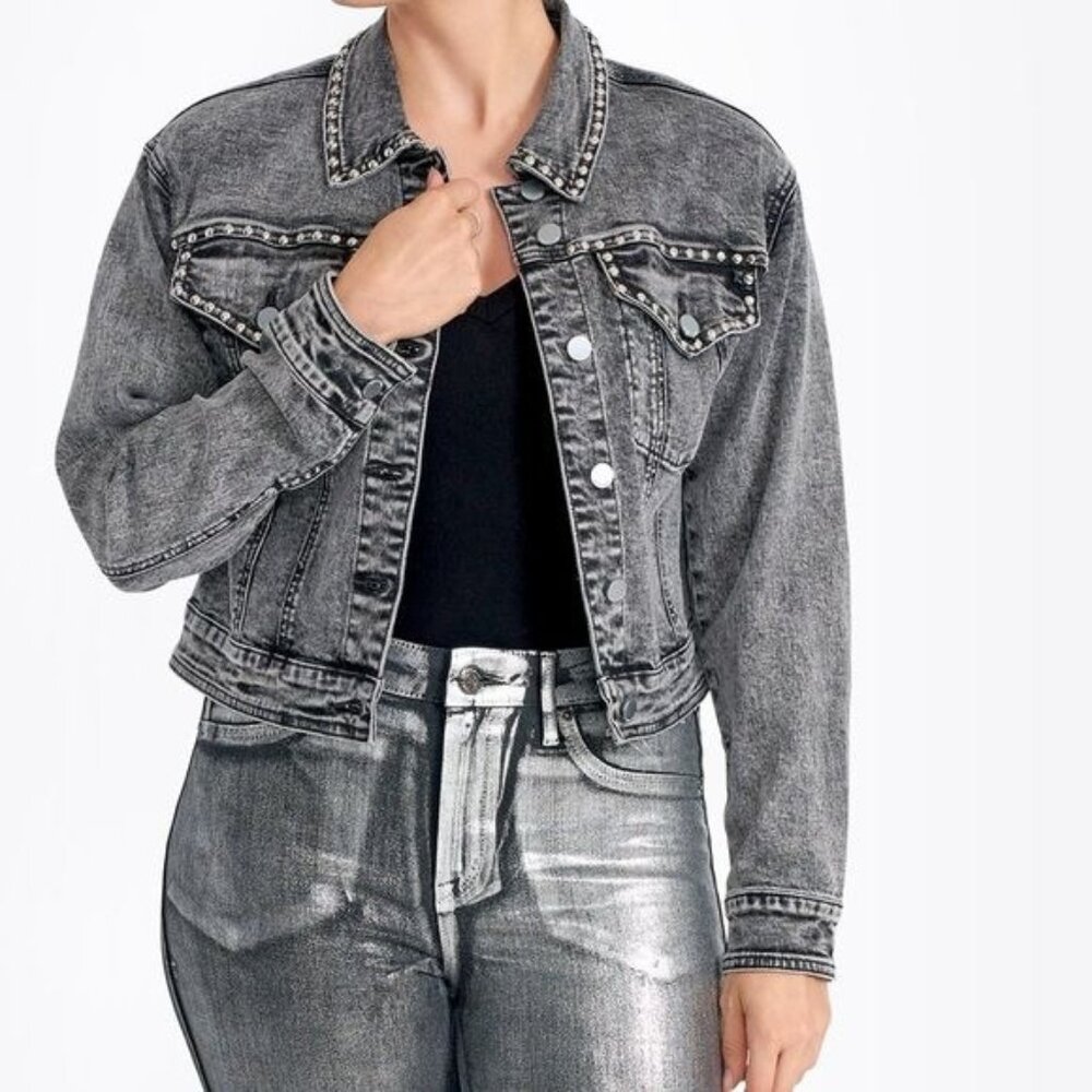 Rebecca Minkoff Womens Cropped Black Denim Jacket W/ Button Front Size Medium
